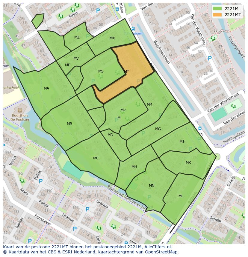 Afbeelding van het postcodegebied 2221 MT op de kaart.