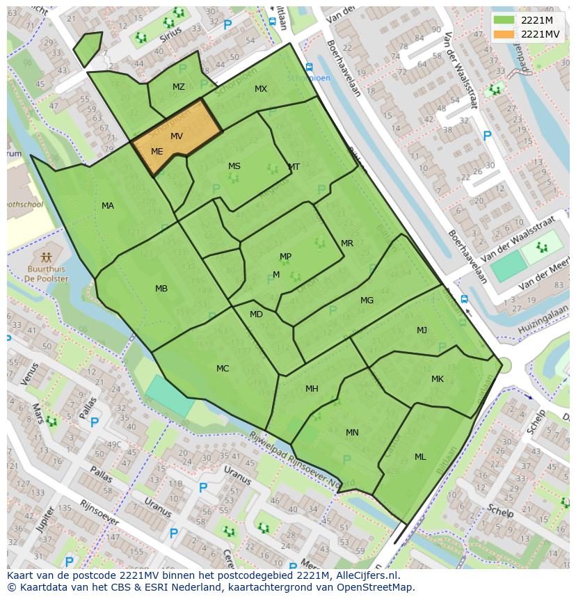 Afbeelding van het postcodegebied 2221 MV op de kaart.