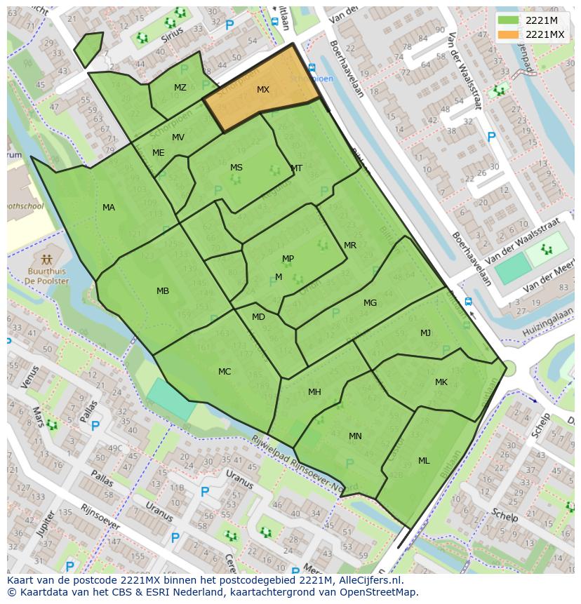 Afbeelding van het postcodegebied 2221 MX op de kaart.