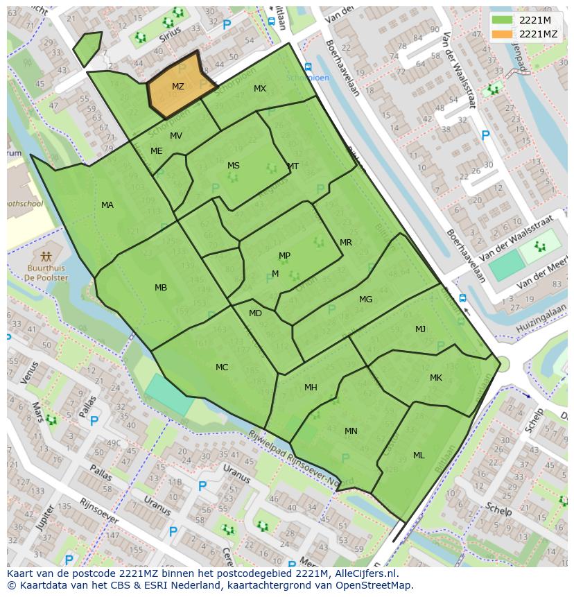 Afbeelding van het postcodegebied 2221 MZ op de kaart.