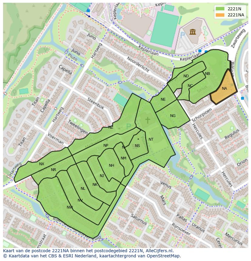 Afbeelding van het postcodegebied 2221 NA op de kaart.