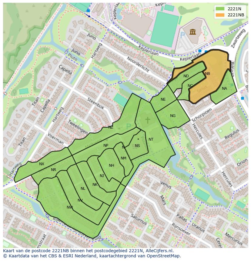 Afbeelding van het postcodegebied 2221 NB op de kaart.