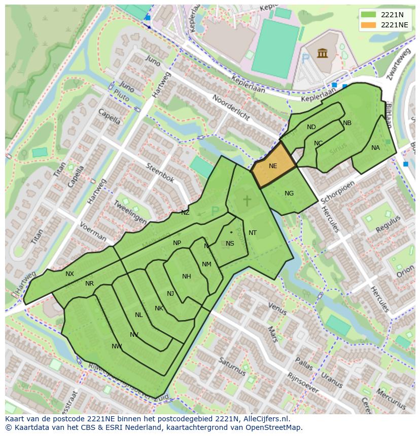 Afbeelding van het postcodegebied 2221 NE op de kaart.