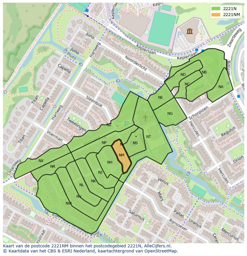 Afbeelding van het postcodegebied 2221 NM op de kaart.