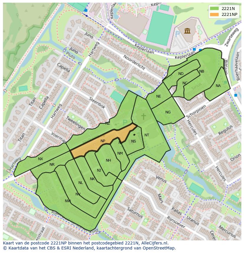 Afbeelding van het postcodegebied 2221 NP op de kaart.