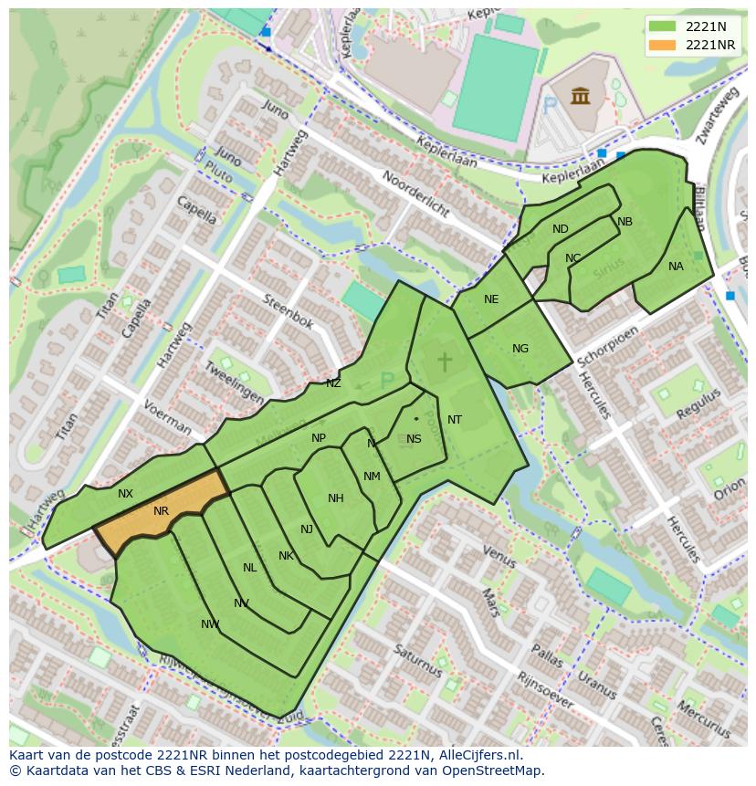 Afbeelding van het postcodegebied 2221 NR op de kaart.
