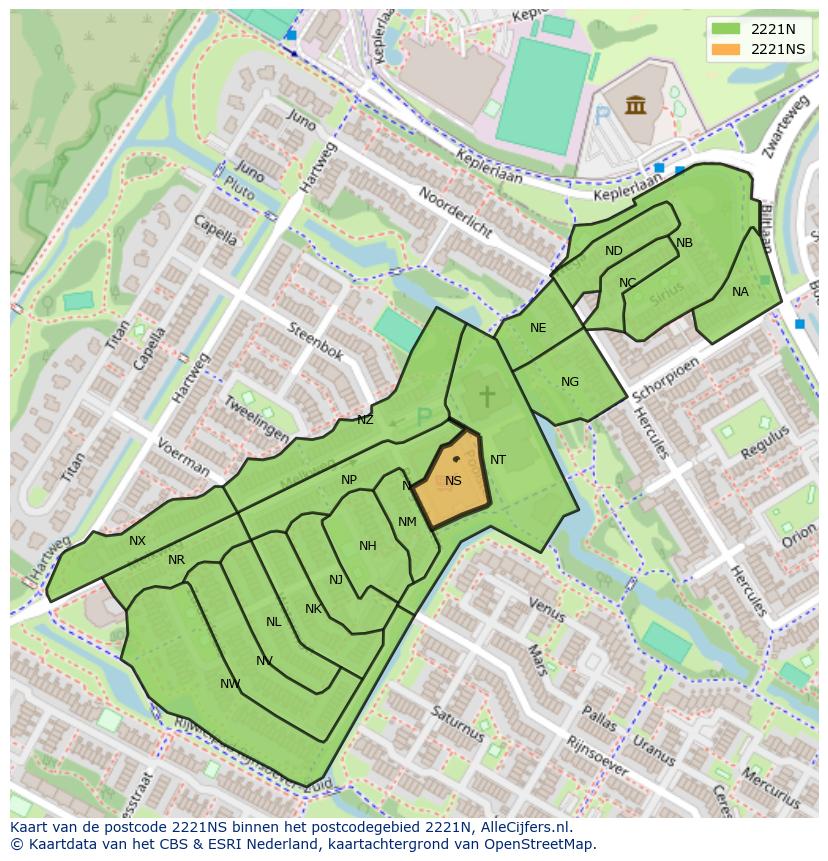 Afbeelding van het postcodegebied 2221 NS op de kaart.