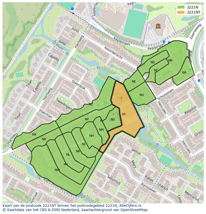 Afbeelding van het postcodegebied 2221 NT op de kaart.