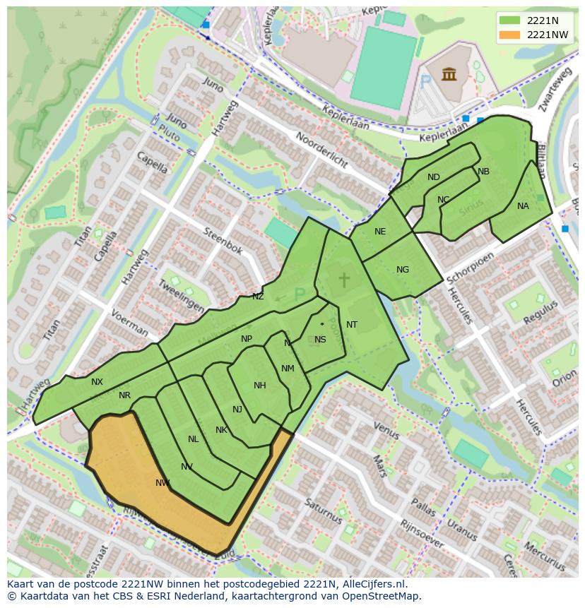 Afbeelding van het postcodegebied 2221 NW op de kaart.