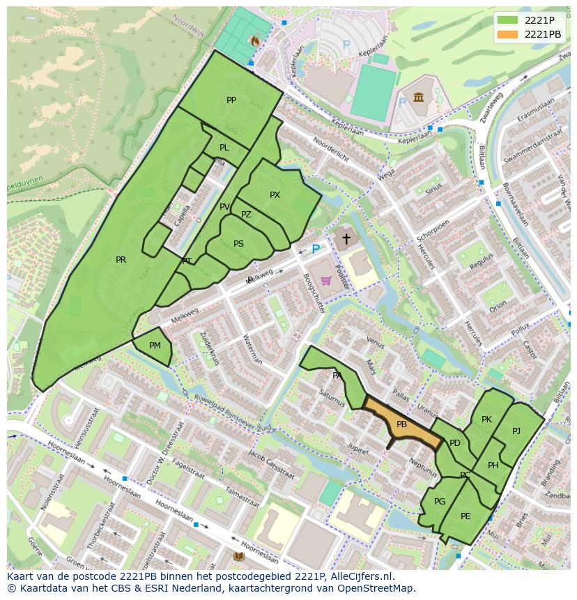 Afbeelding van het postcodegebied 2221 PB op de kaart.