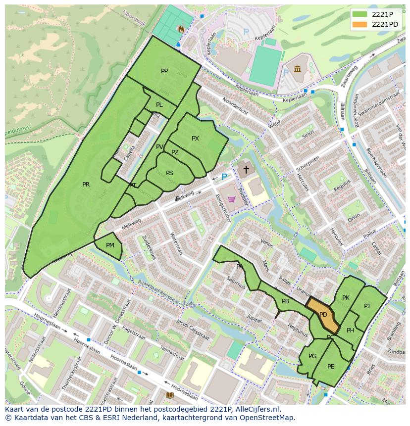 Afbeelding van het postcodegebied 2221 PD op de kaart.