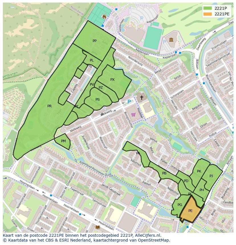 Afbeelding van het postcodegebied 2221 PE op de kaart.