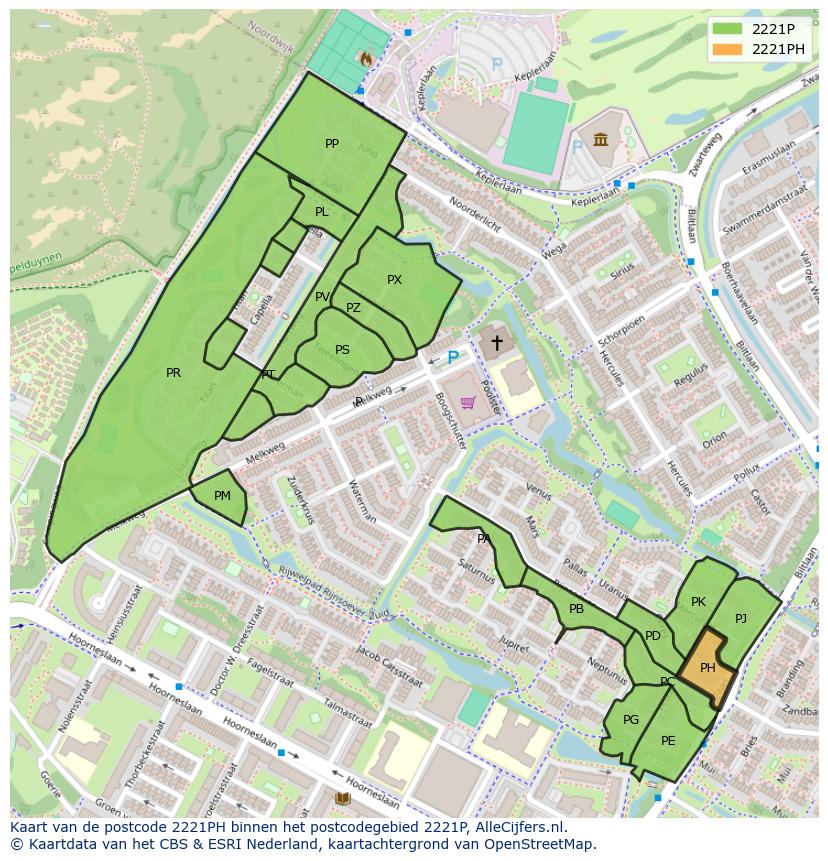 Afbeelding van het postcodegebied 2221 PH op de kaart.