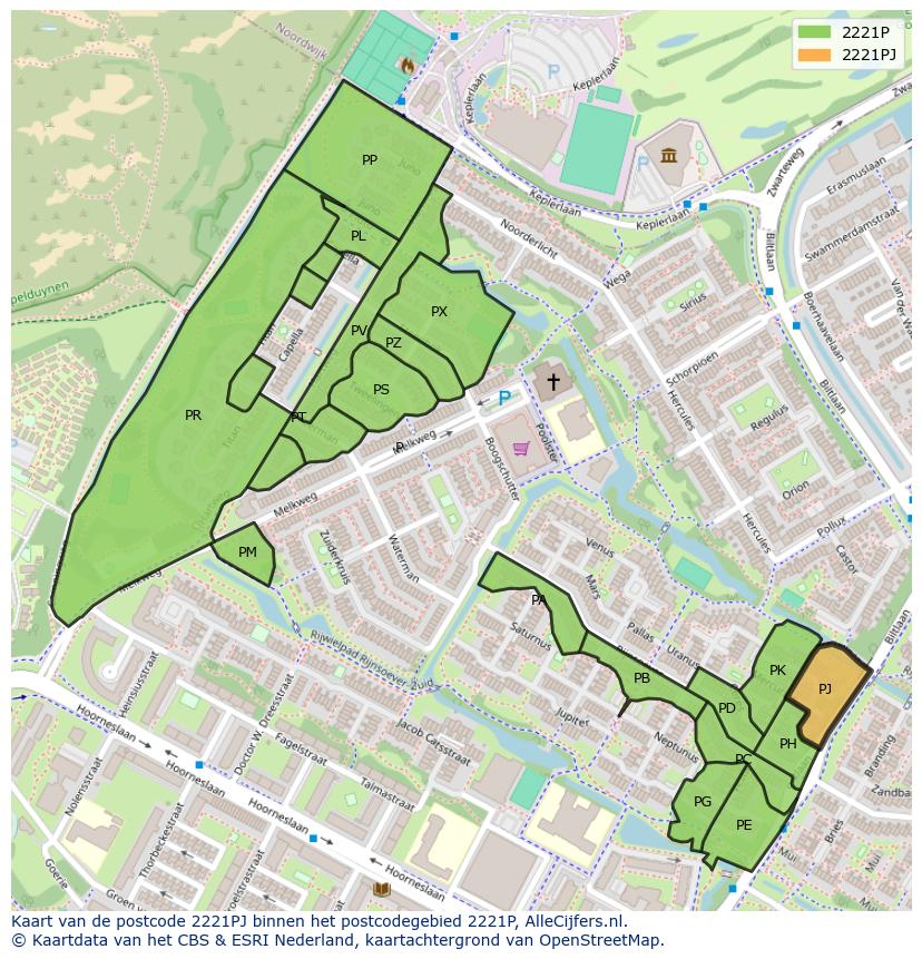 Afbeelding van het postcodegebied 2221 PJ op de kaart.