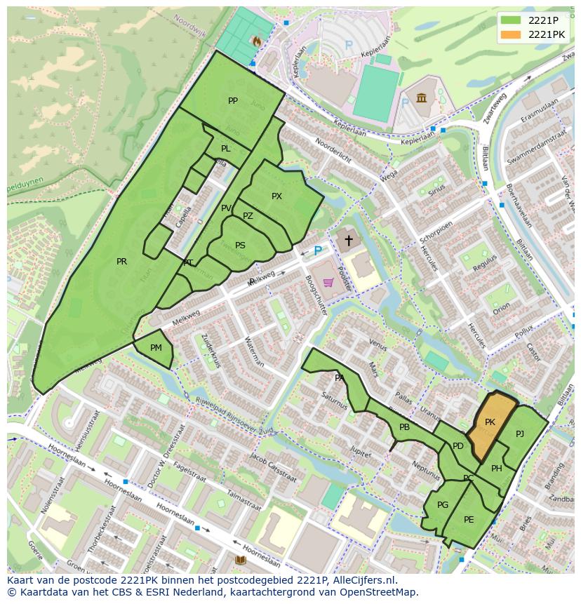 Afbeelding van het postcodegebied 2221 PK op de kaart.