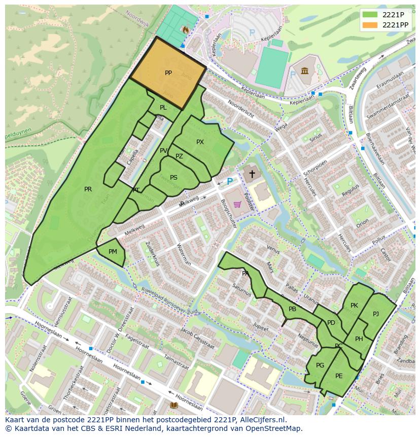 Afbeelding van het postcodegebied 2221 PP op de kaart.