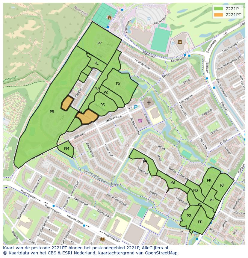 Afbeelding van het postcodegebied 2221 PT op de kaart.