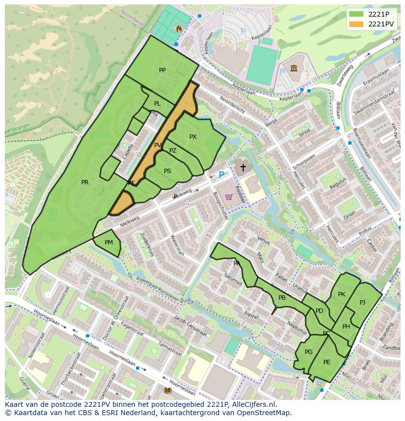 Afbeelding van het postcodegebied 2221 PV op de kaart.