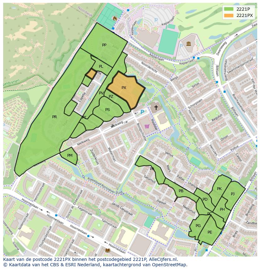 Afbeelding van het postcodegebied 2221 PX op de kaart.