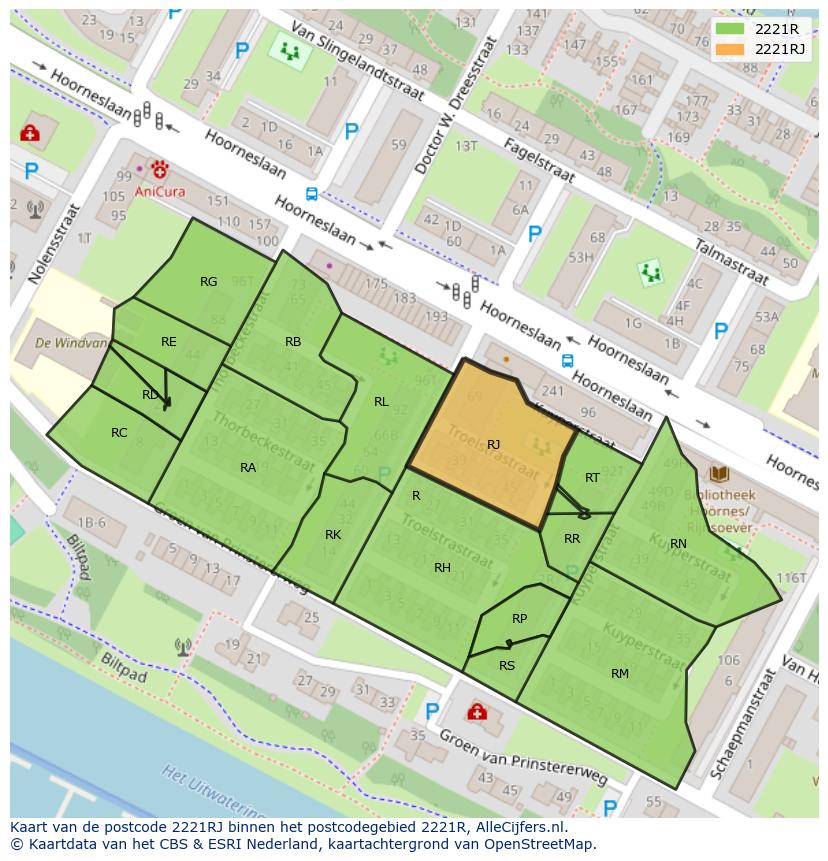 Afbeelding van het postcodegebied 2221 RJ op de kaart.