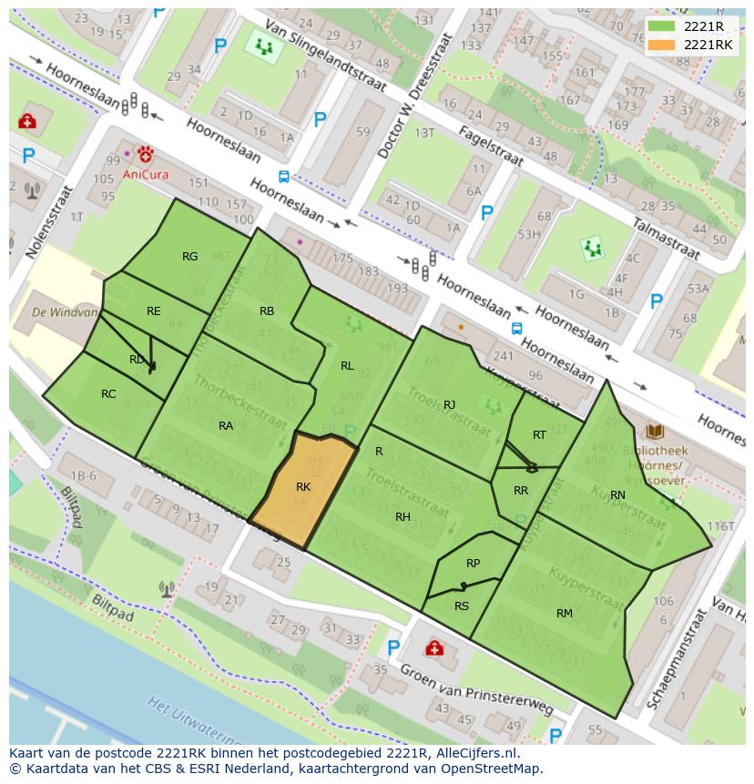 Afbeelding van het postcodegebied 2221 RK op de kaart.
