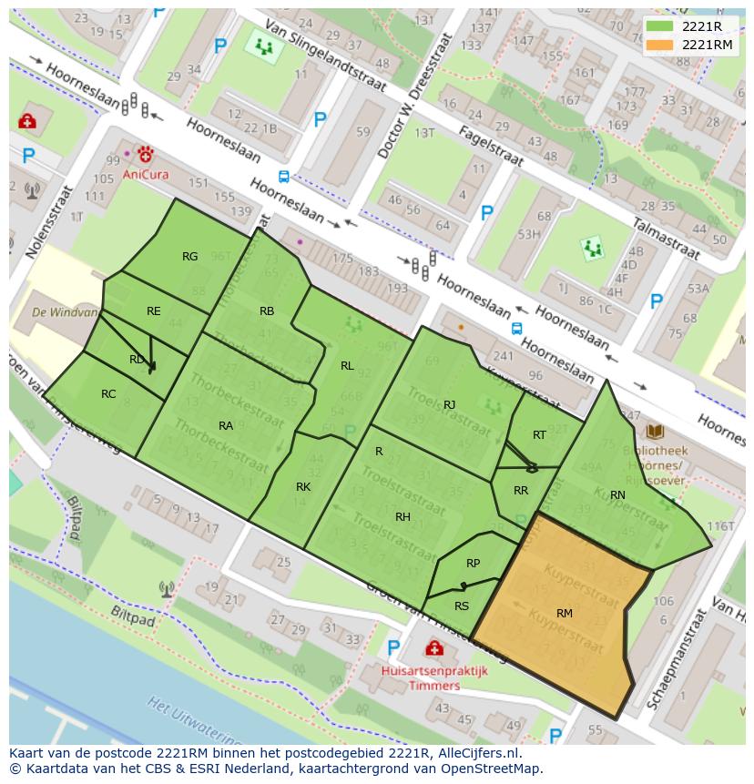 Afbeelding van het postcodegebied 2221 RM op de kaart.