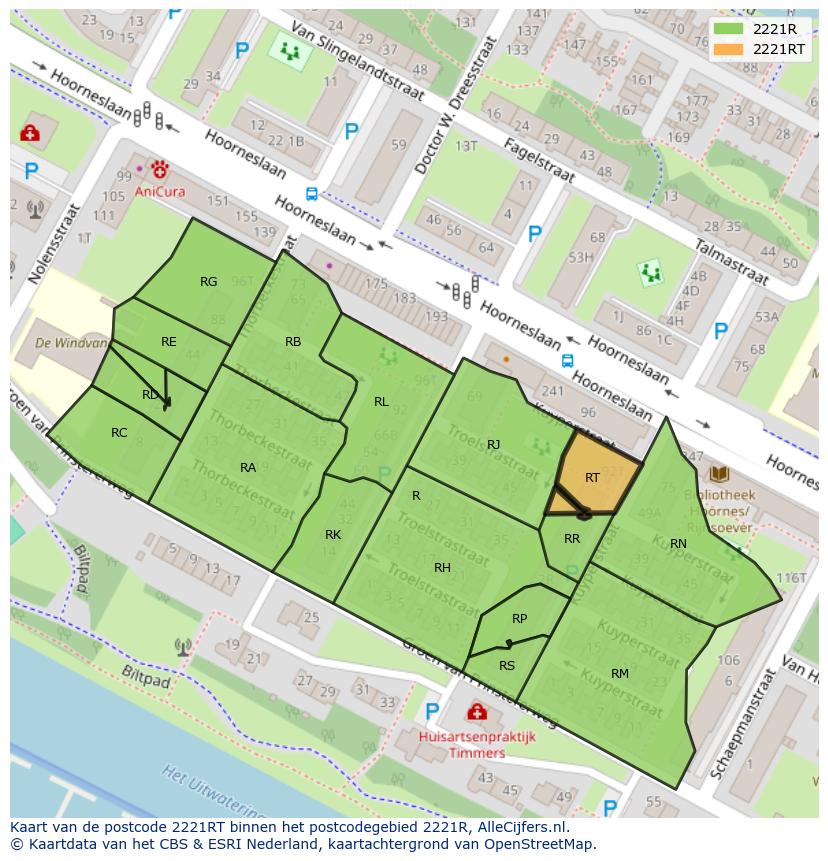 Afbeelding van het postcodegebied 2221 RT op de kaart.