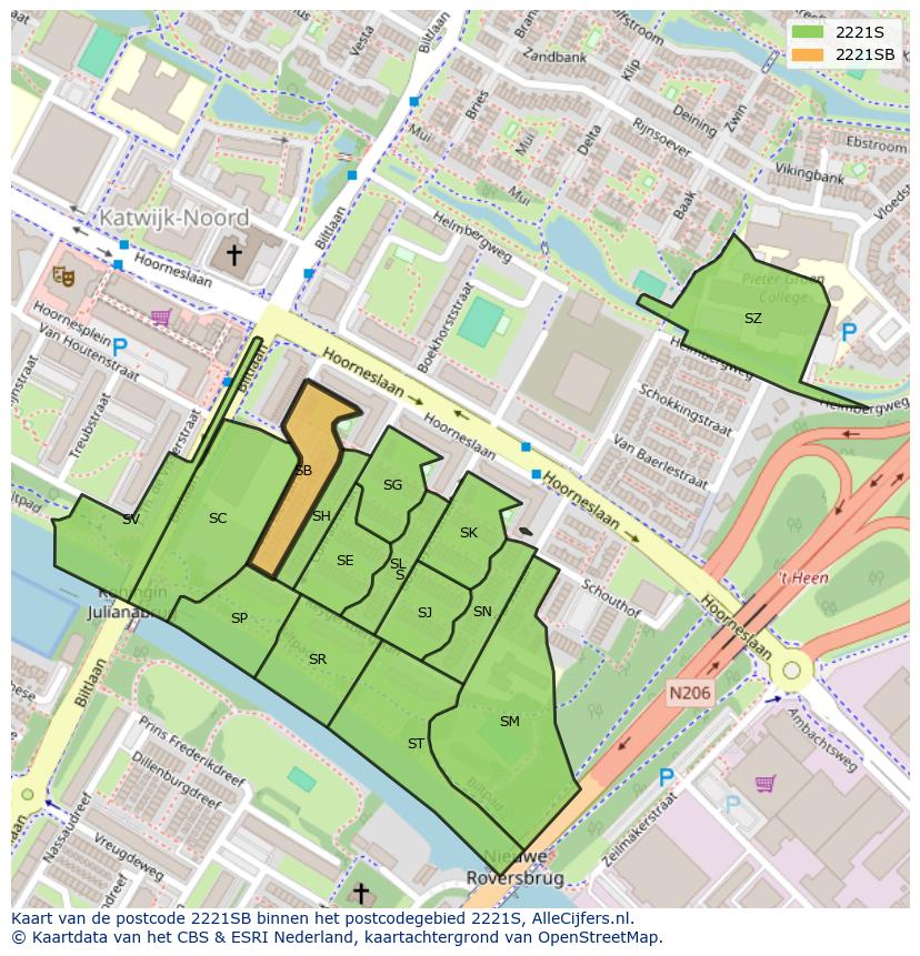 Afbeelding van het postcodegebied 2221 SB op de kaart.