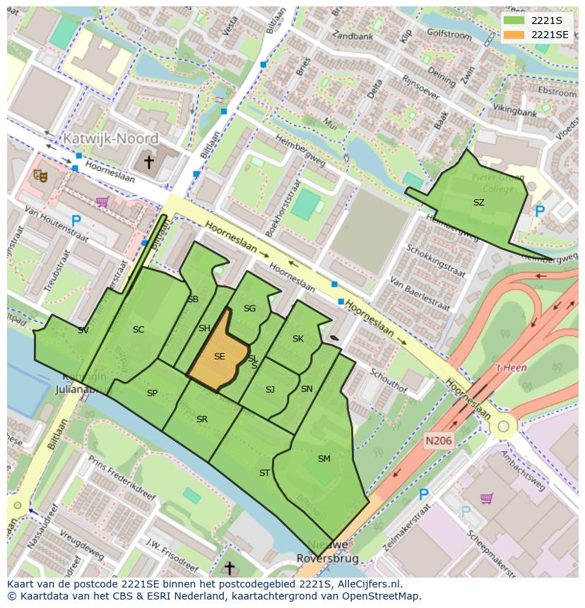 Afbeelding van het postcodegebied 2221 SE op de kaart.