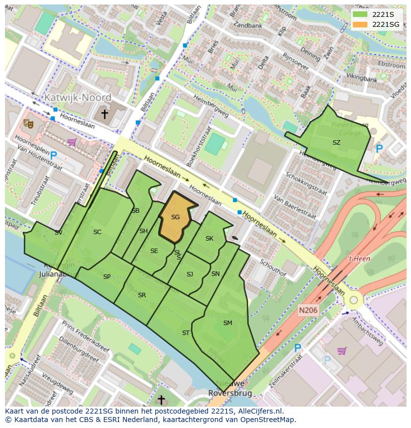 Afbeelding van het postcodegebied 2221 SG op de kaart.