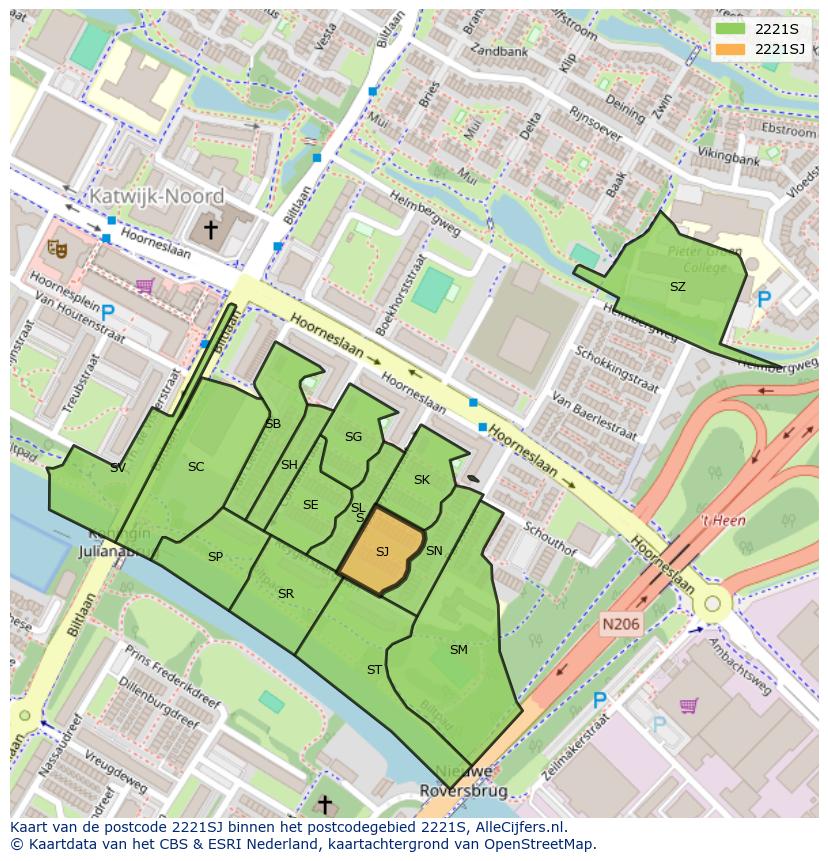 Afbeelding van het postcodegebied 2221 SJ op de kaart.