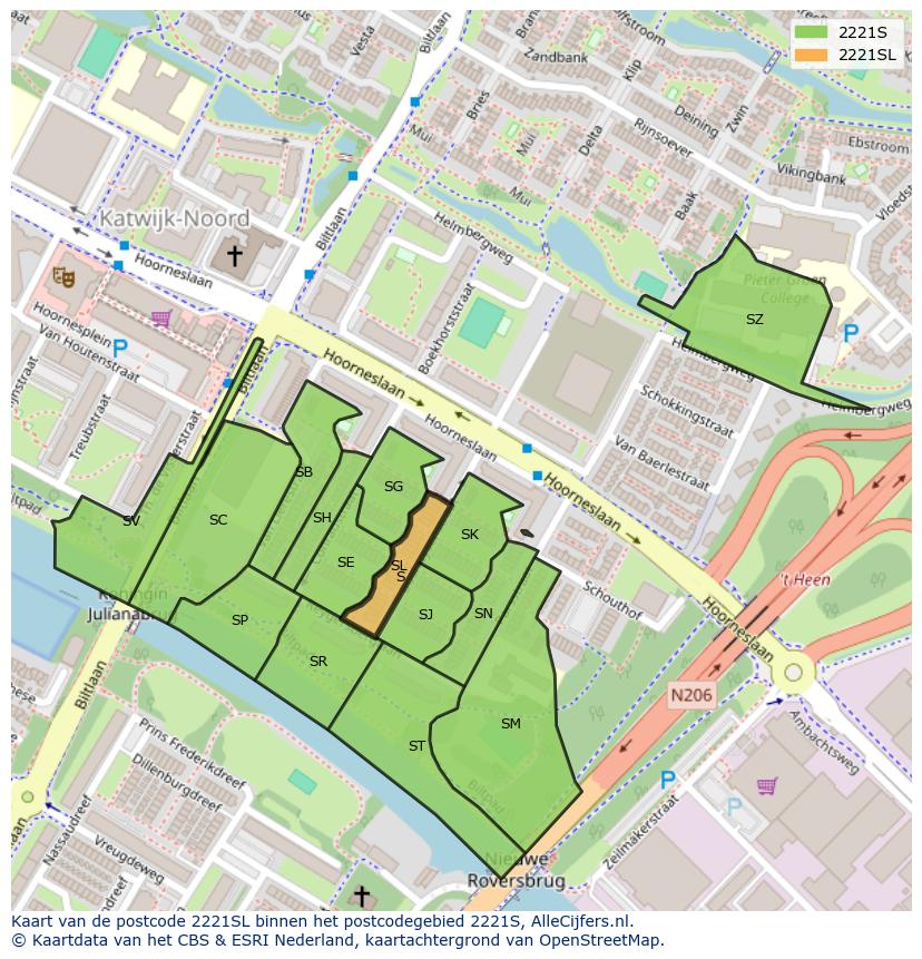 Afbeelding van het postcodegebied 2221 SL op de kaart.