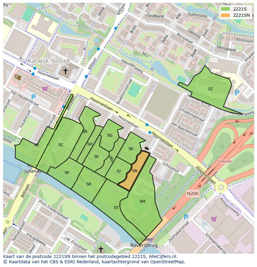 Afbeelding van het postcodegebied 2221 SN op de kaart.