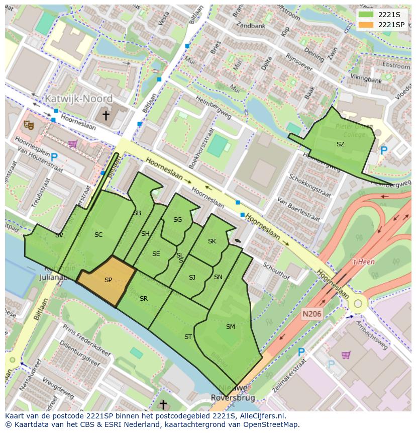 Afbeelding van het postcodegebied 2221 SP op de kaart.