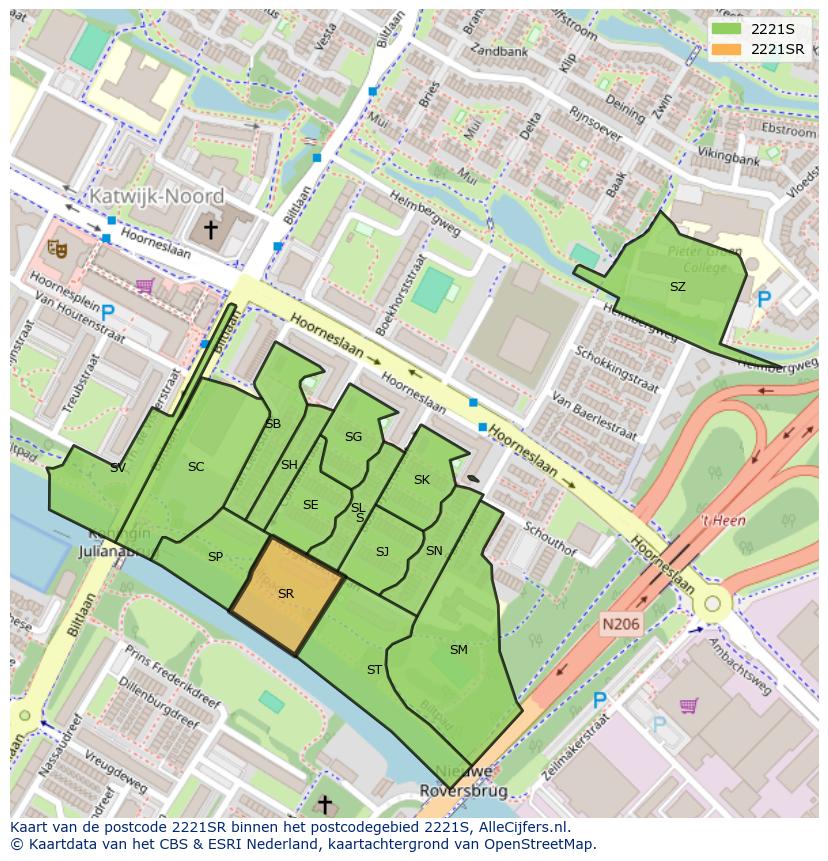 Afbeelding van het postcodegebied 2221 SR op de kaart.