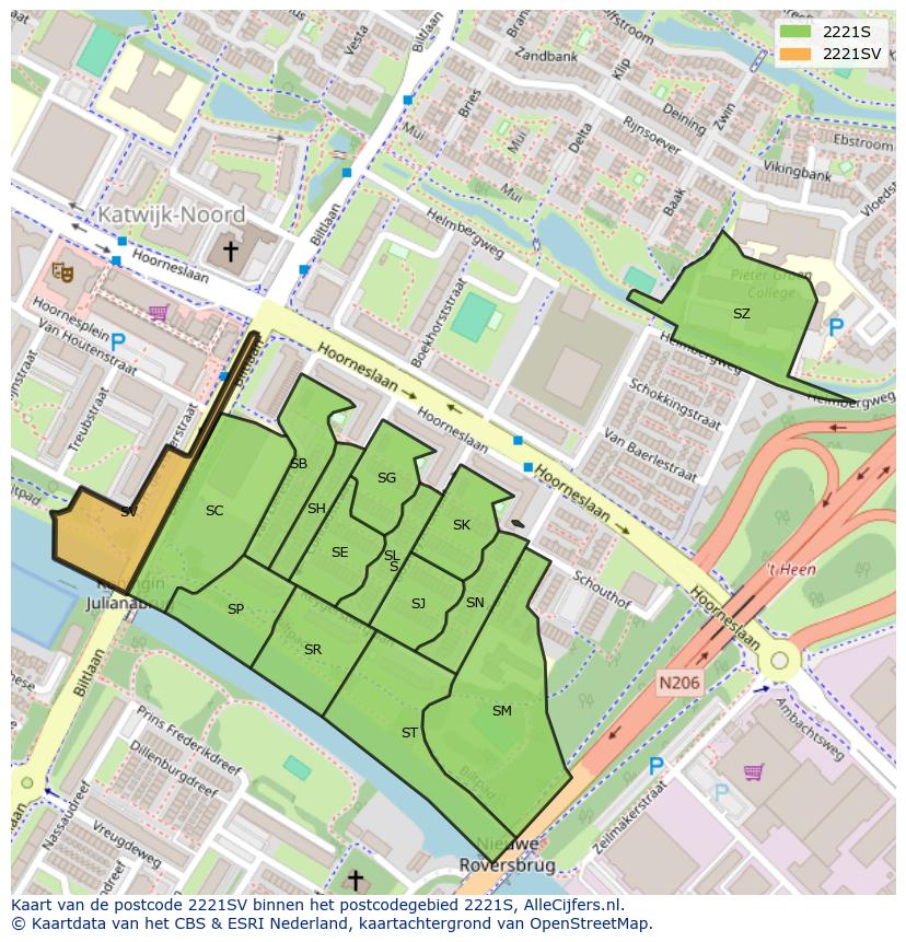 Afbeelding van het postcodegebied 2221 SV op de kaart.