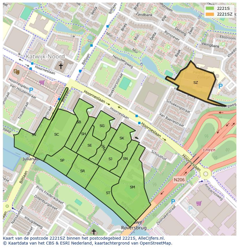Afbeelding van het postcodegebied 2221 SZ op de kaart.