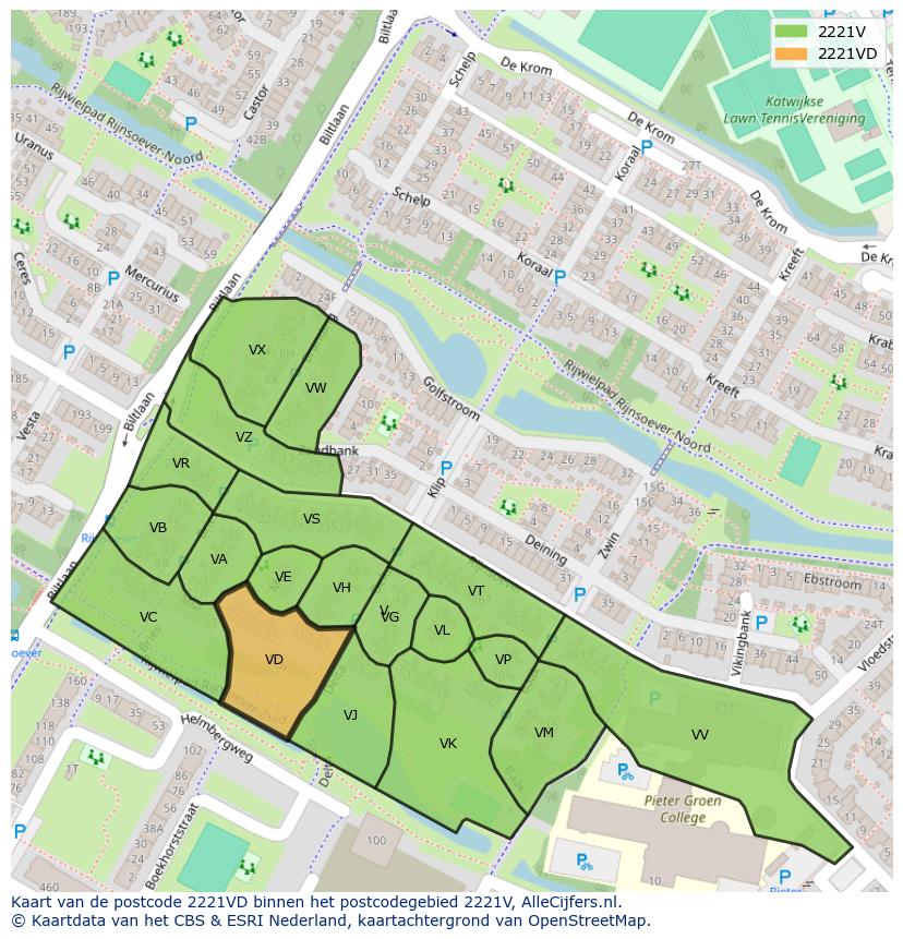 Afbeelding van het postcodegebied 2221 VD op de kaart.