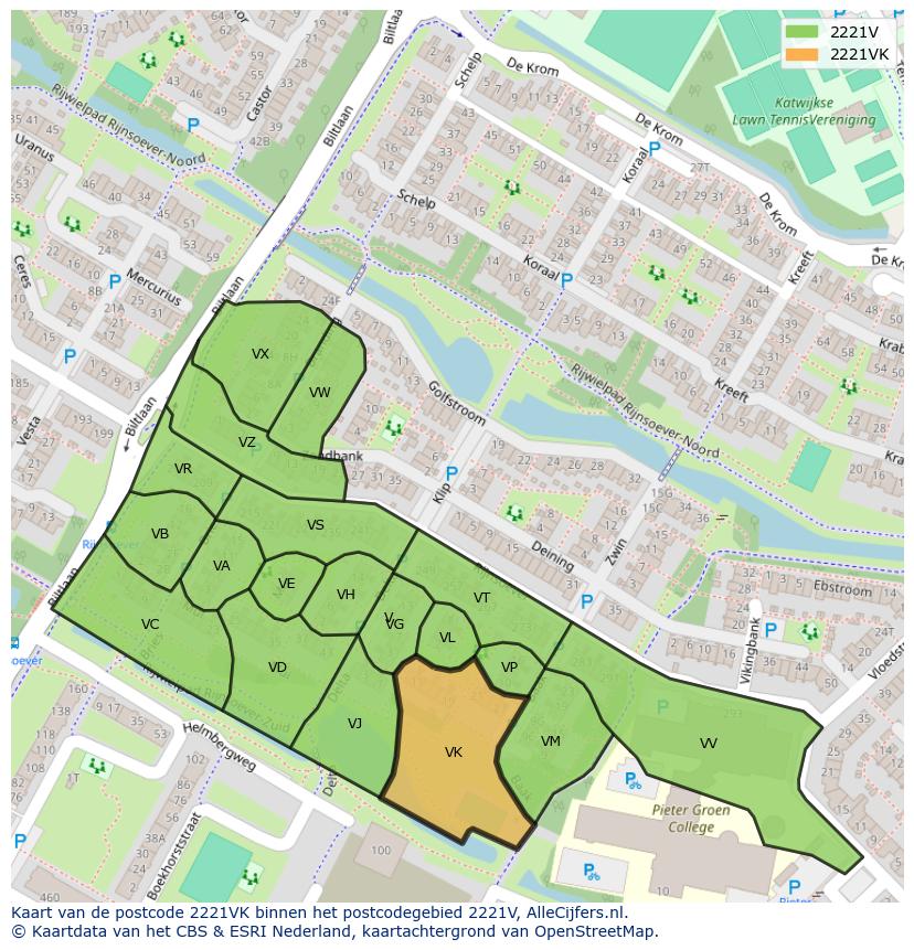 Afbeelding van het postcodegebied 2221 VK op de kaart.