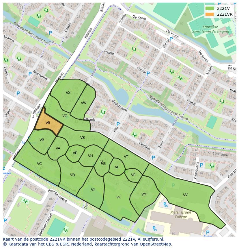 Afbeelding van het postcodegebied 2221 VR op de kaart.