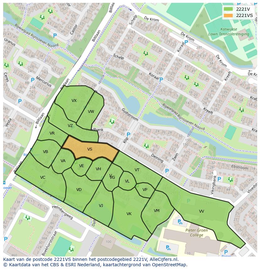 Afbeelding van het postcodegebied 2221 VS op de kaart.