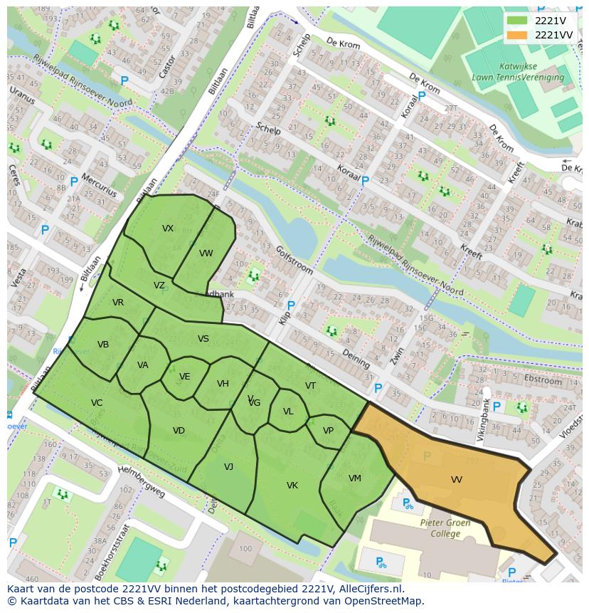 Afbeelding van het postcodegebied 2221 VV op de kaart.