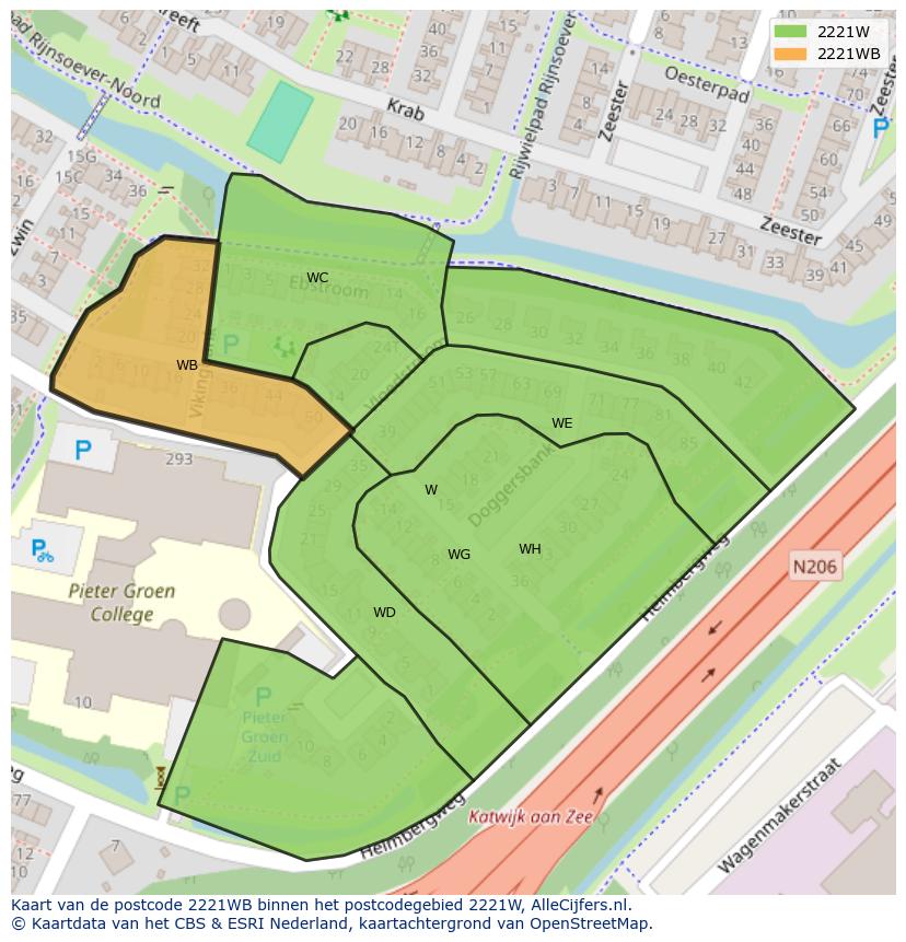 Afbeelding van het postcodegebied 2221 WB op de kaart.