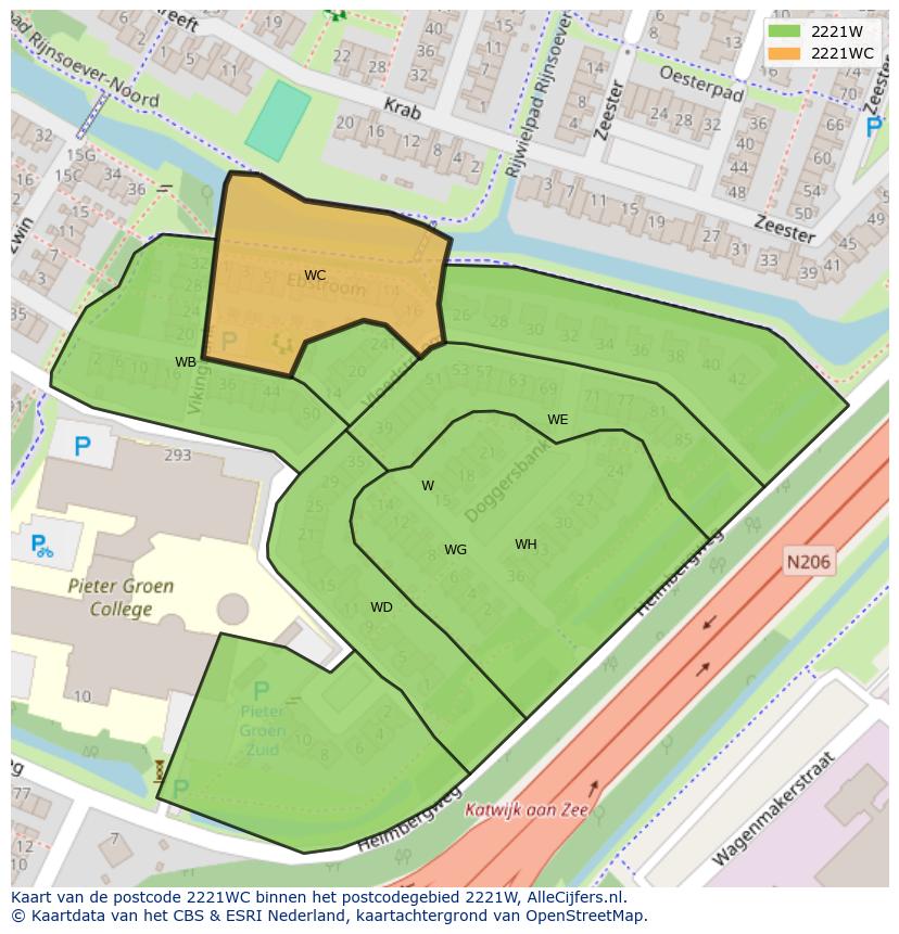 Afbeelding van het postcodegebied 2221 WC op de kaart.