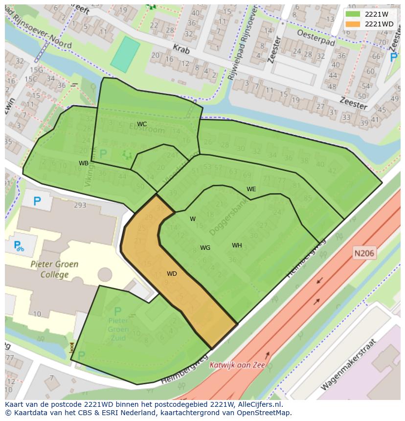 Afbeelding van het postcodegebied 2221 WD op de kaart.