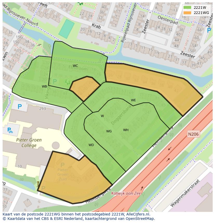 Afbeelding van het postcodegebied 2221 WG op de kaart.