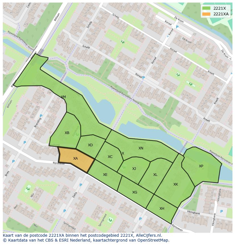 Afbeelding van het postcodegebied 2221 XA op de kaart.