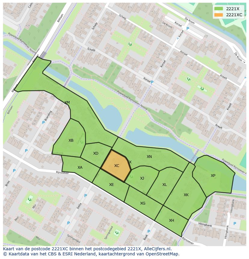 Afbeelding van het postcodegebied 2221 XC op de kaart.