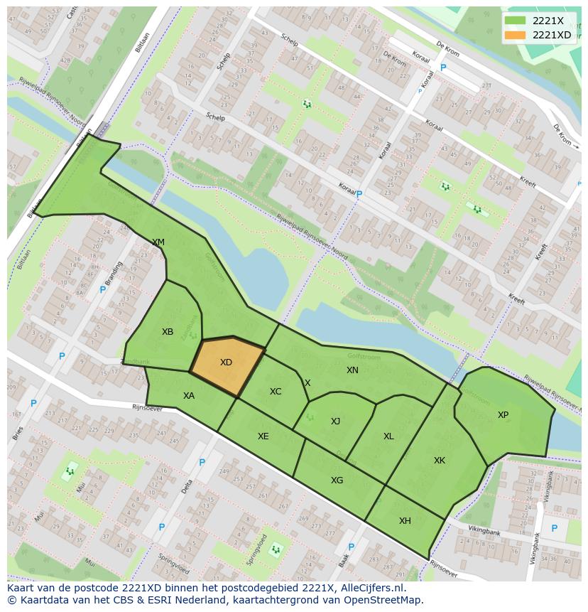 Afbeelding van het postcodegebied 2221 XD op de kaart.