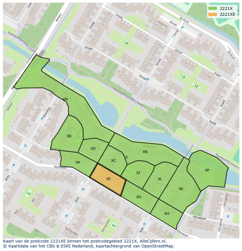 Afbeelding van het postcodegebied 2221 XE op de kaart.